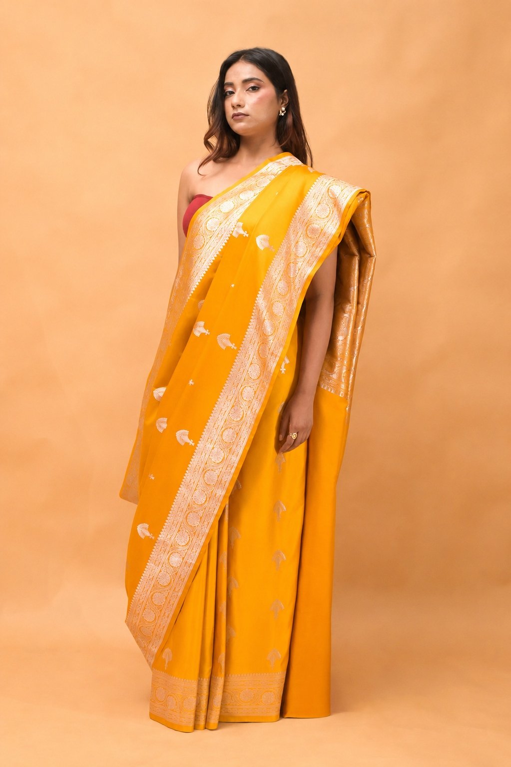 Musturd Yellow Mashroom Buta Silk Banarasi katan Saree